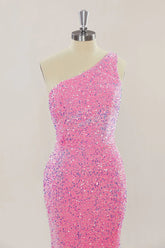 Pink Long Prom Dresses One Shoulder Sequins Formal Gown Mermaid - MyChicDress